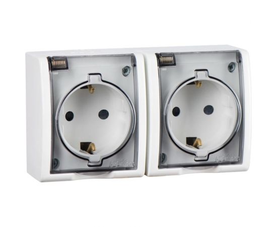 Двойная розетка Simon с заземлением Schuko, с крышкой полупрозрачной, IP54, 16А 250В, S15 1594433-030 