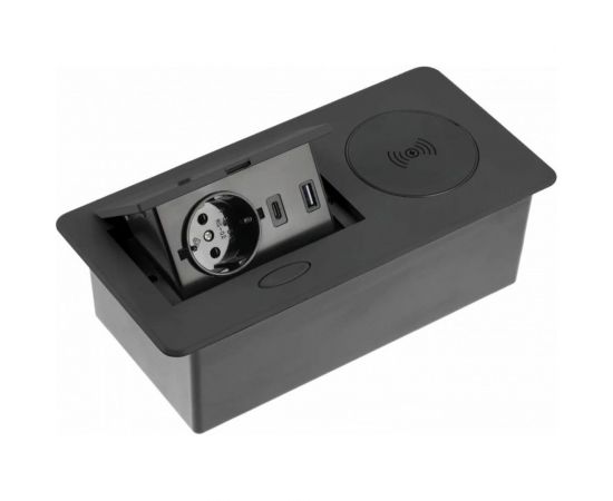Выдвижной блок розеток GTV выдвижная розетка на 1 EURO розетку и 2 USB-A+C, беспроводная зарядка, черный, AE-PB1SAVAP-20 