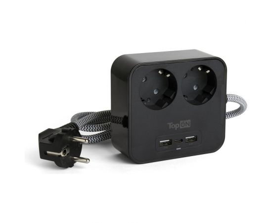 Сетевой фильтр TopOn TOP-PWS2 на 2 розетки с 2 USB-A и USB-C, 4000W, 1.5 м Черный TOP-PWS2B 