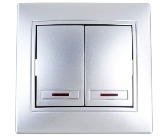 Двойной выключатель с подсветкой Intro 10А, 250В, IP20, СУ, Plano алюминий Б0030046 