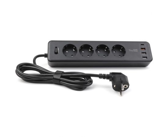 Сетевой фильтр TopOn TOP-PWS4 4 розетки, 3 USB, Type-C, PD 20W QC3.0, 4000W, 1.8 м Черный TOP-PWS4B 