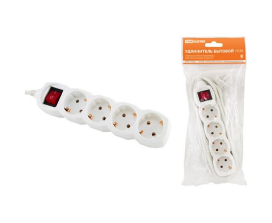 Удлинитель TDM У04В, выключатель, 4 гнезда, 5метров, с заземлением, ПВС, 3х1мм2, 16А/250В SQ1303-0112 