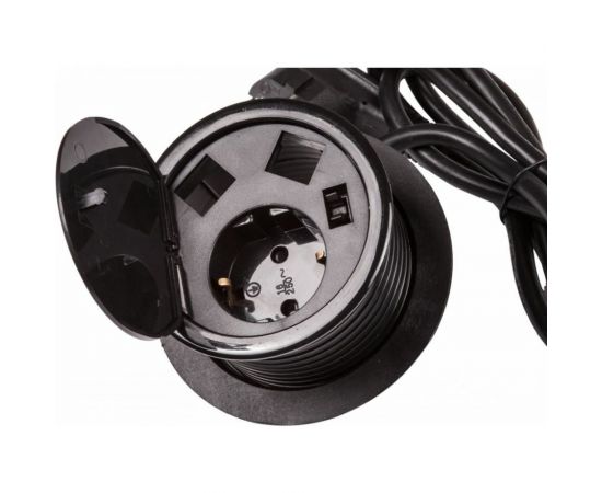 Лючок в стол LANMASTER на два кейстоуна + одна розетка со шнуром 1.8 м, черный LAN-WA-MCTA-2OK+G 