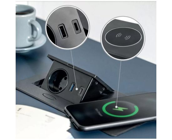 Выдвижной блок розеток GTV выдвижная розетка на 1 EURO розетку и 2 USB-A+C, беспроводная зарядка, черный, AE-PB1SAVAP-20 – изображение 4
