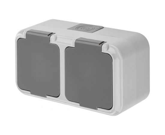 Розетка Bylectrica 2-местная, открытая установка, с заземляющим контактом, со шторкой IP54, серия ПРАЛЕСКА АКВА, серый, РА16-103 03 