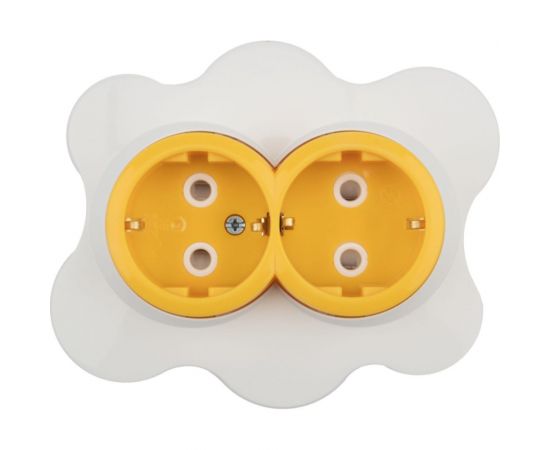 Розетка KRANZ Яичница двойная с заземлением и защитными шторками, желтая/белая KR-78-0632 