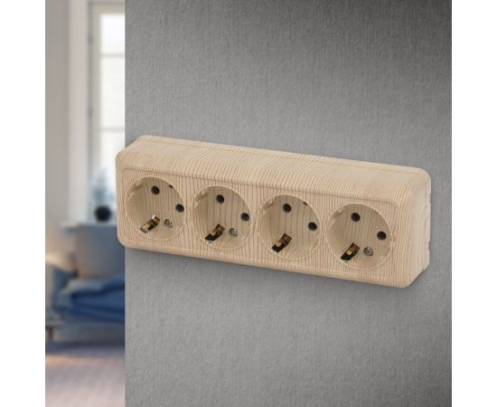 Розетка Intro Quadro с заземлением четырехместная 4x2P+E, 16А-250В, IP20, открытая установка, сосна, Б0053844 – изображение 2