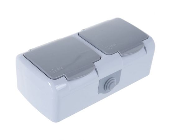 Двухместная розетка EKF Мурманск 16А с заземлением с крышкой IP54 серый с защитными шторками EFR16-129-30-54 