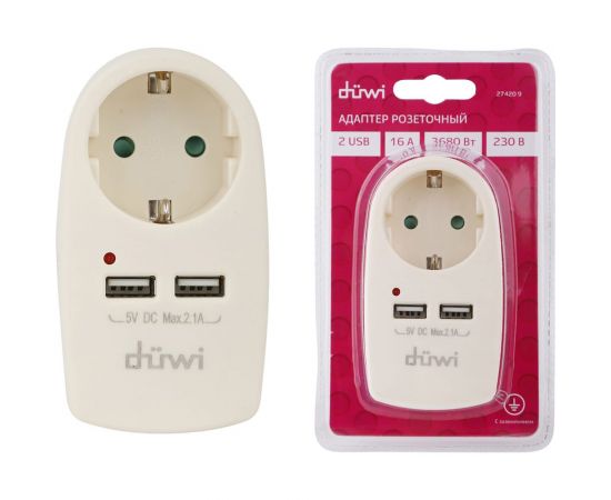 Розеточный адаптер duwi 1 гнездо + 2 USB порта с заземлением слоновая кость ivory 16A 3680Вт 27420 9 