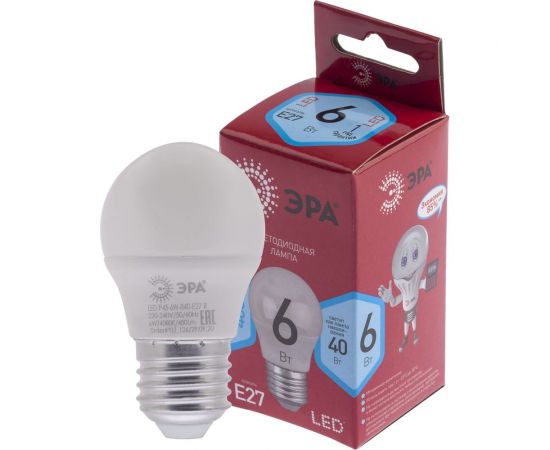 Светодиодная лампа ЭРА LED P45-6W-840-E27 R, шар, 6 Вт, нейтральный, E27 10/100/4000 Б0049644 