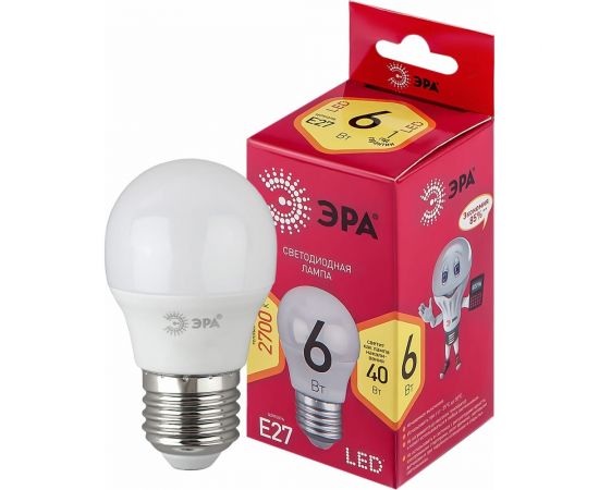 Светодиодная лампа ЭРА LED P45-6W-827-E27 R диод, шар, 6Вт, теплый свет, E27 Б0049643 – изображение 2