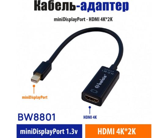 Кабель-адаптер mini DisplayPort - HDMI (f) 4Kх2K, 0,2 м, чёрный Belsis BW8801 – изображение 2