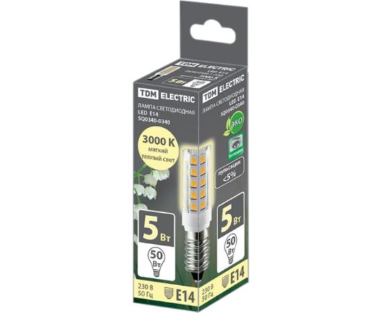 Светодиодная лампа TDM Е14, 5 Вт, 230 В, 3000 К, SMD, 16x54 мм SQ0340-0340 – изображение 2