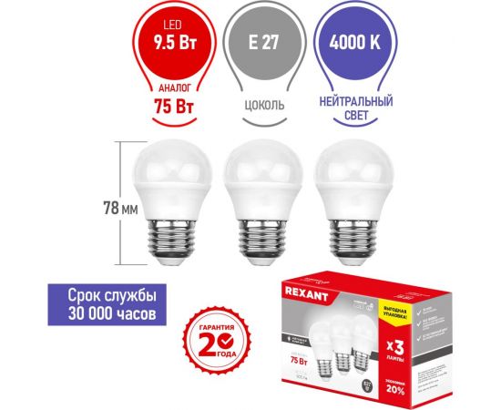 Светодиодная лампа REXANT 3 шт Шарик GL 9.5 Вт E27 4000 K нейтральный свет 604-040-3 – изображение 4
