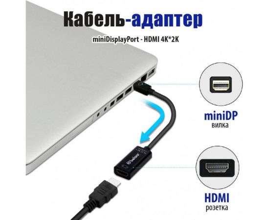 Кабель-адаптер mini DisplayPort - HDMI (f) 4Kх2K, 0,2 м, чёрный Belsis BW8801 – изображение 6