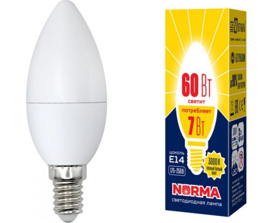 Светодиодная лампа Volpe LED-C37-7W/WW/E14/FR/NR. Форма свеча, матовая. UL-00003796 