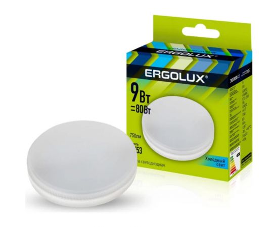 Светодиодная лампа Ergolux LED-GX53-9W-GX53-6K 9Вт, GX53, 6500К 180-240В 14309 