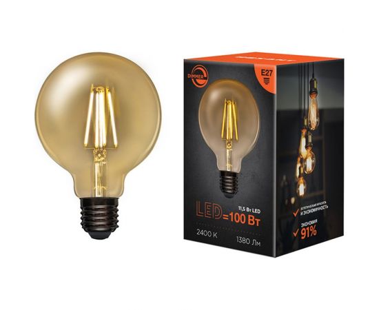 Филаментная лампа REXANT Груша A95 11.5 Вт 2400K E27 димируемая золотистая колба 604-143 