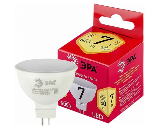 Светодиодная лампочка ЭРА RED LINE LED MR16-7W-827-GU5.3 R GU5.3 7 Вт софит теплый белый свет, Б0050231 