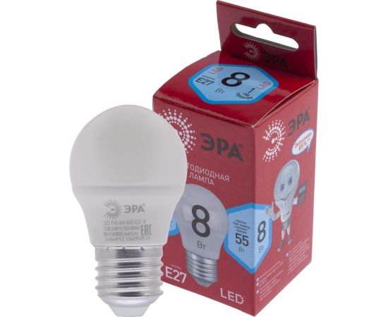 Светодиодная лампа ЭРА LED P45-8W-840-E27 R шар, 8Вт, нейтральный, E27, 10/100/3600 Б0049645 