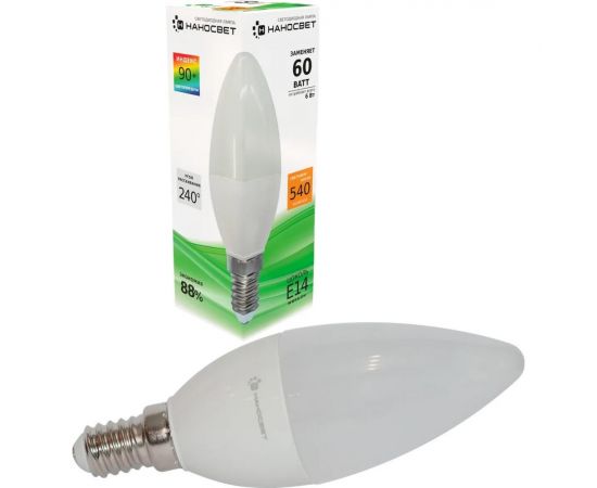 Светодиодная лампа Наносвет LE-CD-60/E14/930, 6Вт, E14, 240 градусов, 540Лм, 3000K, Ra90, L200 