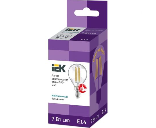 Лампа IEK серия 360, LED, G45, шар прозрачный, 7вт, 230В, 4000К, E14 LLF-G45-7-230-40-E14-CL – изображение 2