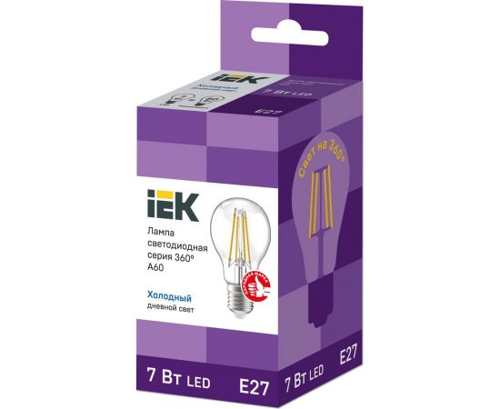 Лампа IEK серия 360, LED, A60, прозрачная, 7вт, 230В, 6500К, E27 LLF-A60-7-230-65-E27-CL – изображение 2