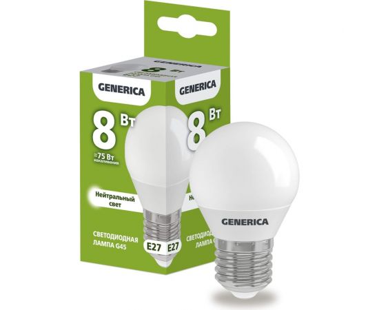 Светодиодная лампа GENERICA G45 шар 8Вт 230В 4000К E27 LL-G45-08-230-40-E27-G 