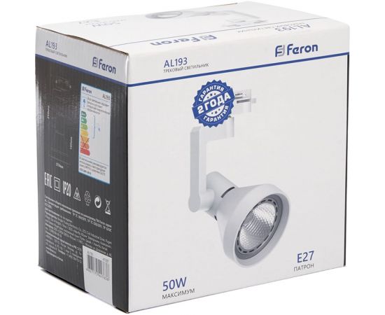 Трековый светильник на шинопровод FERON E27, однофазный AL193, 50W, 230V, белый, корпус сталь 41597 – изображение 6