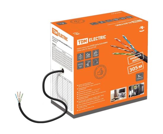 Кабель TDM витая пара U/UTP Cat 5e 4х2х24AWG 305м solid, PE, чёрный SQ0107-0105 
