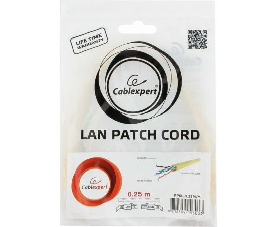 Многожильный патч-корд Cablexpert UTP кат.6, 0.25м, литой, жёлтый PP6U-0.25M/Y – изображение 8