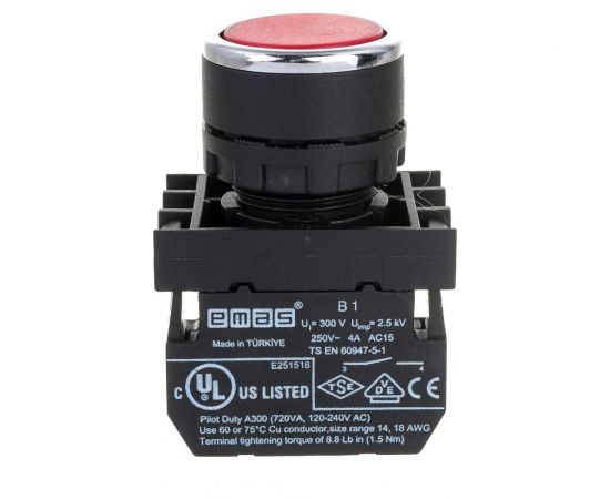 Нажимная кнопка Emas круглая красная, 1НО, серия B, 250В AC, 4А, 10шт. B100DK 