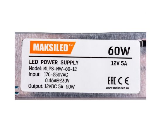 Блок питания MAKSILED 60Вт, 12В, IP20, 5А, 110х78х35мм, MLPS-NW-60-12 – изображение 5