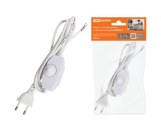 Шнур с плоской вилкой и светорегулятором TDM ШУ05С1 200Вт, RL ШВВП 2x0,75мм2 2м. белый SQ1305-0051 