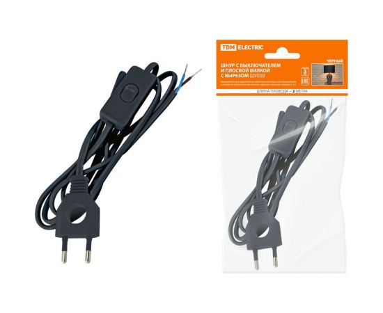 Шнур с выключателем и плоской вилкой с вырезом TDM ШУ03В ШВВП 2x0,75мм2, 2 м. черный SQ1305-0022 