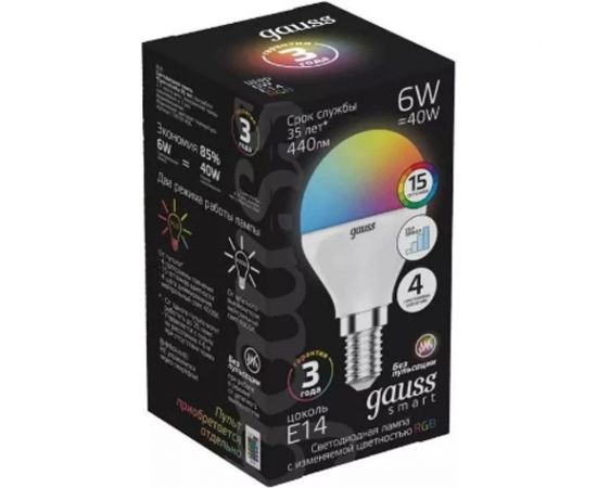 Лампа Gauss Smart LED, шар, G45, 6W, E14, RGBW+dim, 1/10/100 105101406 