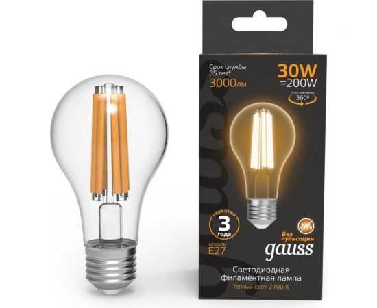 Лампа Gauss Filament А70 30W 3000lm 2700К Е27 LED 1/10/40 102902130 
