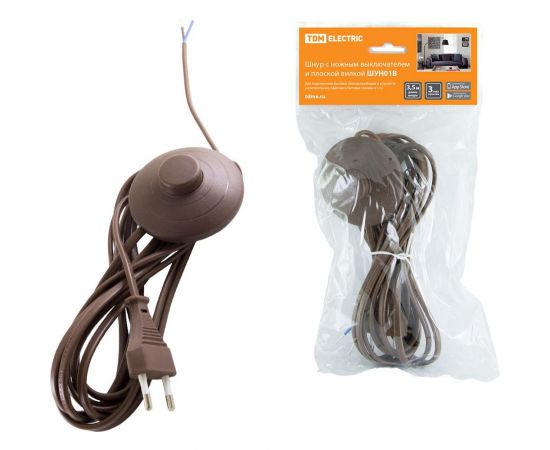 Шнур с ножным выключателем и плоской вилкой TDM ШУН01В ШВВП 2x0,75мм2 3,5м. коричневый ЭКО SQ1305-0066 
