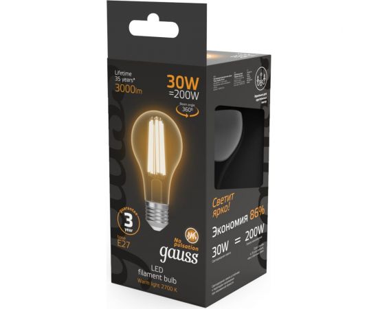 Лампа Gauss Filament А70 30W 3000lm 2700К Е27 LED 1/10/40 102902130 – изображение 3