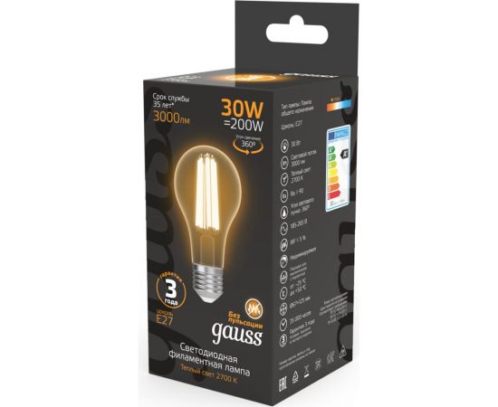 Лампа Gauss Filament А70 30W 3000lm 2700К Е27 LED 1/10/40 102902130 – изображение 4