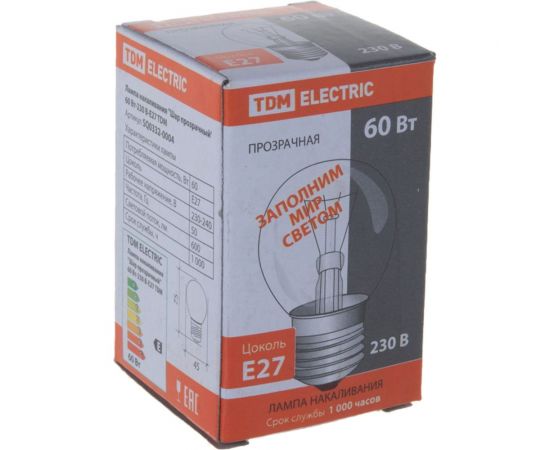 Лампа накаливания шар прозрачный TDM 60 Вт-230 В-Е27 SQ0332-0004 – изображение 2