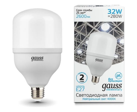 Светодиодная лампа Gauss Elementary T100 32W 2600lm 4000K E27 LED 1/20 63223 – изображение 2
