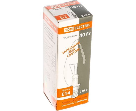 Лампа накаливания свеча прозрачная TDM 40 Вт-230 В-Е14 SQ0332-0009 – изображение 2