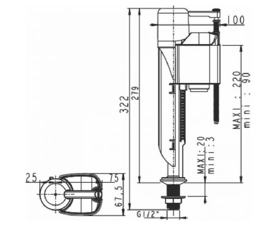 Заливной клапан Wirquin JOLLYFILL нижняя подводка 1/2 наконечник пластик 10975056 – изображение 2