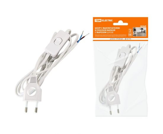 Шнур с выключателем и плоской вилкой с вырезом TDM ШУ03В ШВВП 2x0,75мм2 2 м. белый SQ1305-0021 