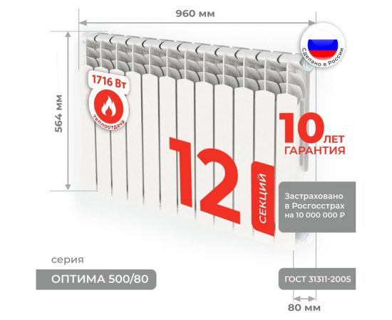 Алюминиевый радиатор Невинномысский Радиаторный Завод серия Оптима 12 секций 500/80 4603335720634 – изображение 2