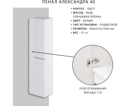 Подвесной пенал ИТАНА Александра 40 400х316х1600 левый 33696 – изображение 4