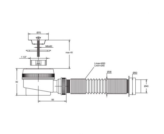 Сифон VIRPLAST МИНИ Элит 1.1/2 х40/50 с литым выпуском, нерж.чашкой 70мм и гибкой трубой 100311 – изображение 5