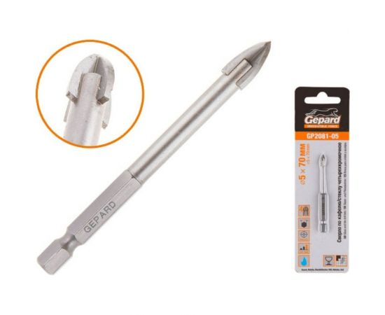Сверло копьевидное твердосплавное по кафелю и стеклу 5x70 мм Gepard GP2081-05 – изображение 2