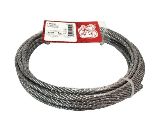 Стальной трос Стройбат DIN 3055, 4 мм, белый цинк, 5 м 324160 